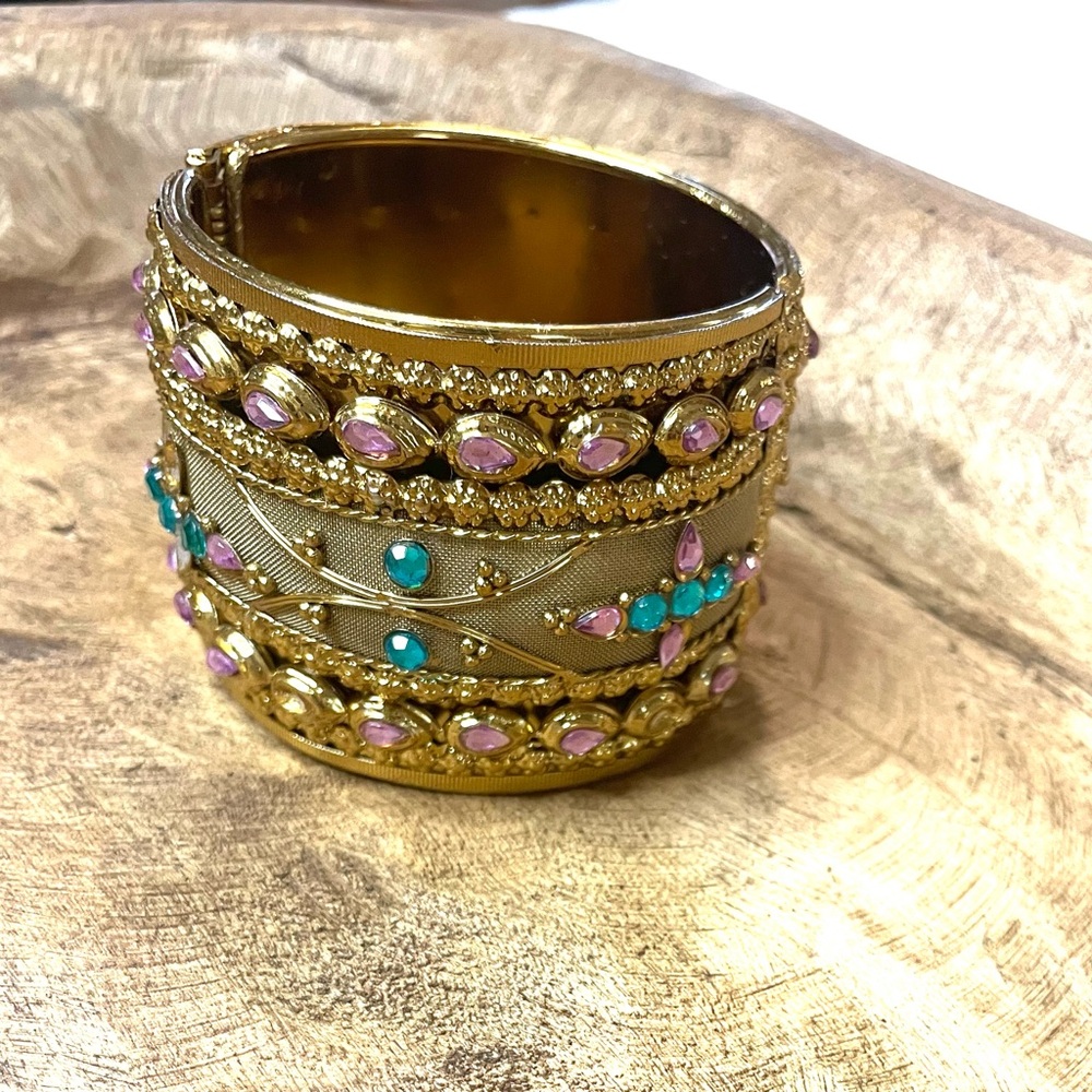 Jewels Of India Bracelet Large Vintage Ornate Rhinestone Clamper Bracelet EUC
